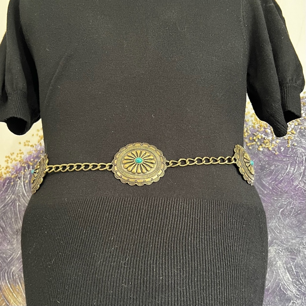 Vintage Antique Brass Tone Concho Belt - Picture 8 of 10